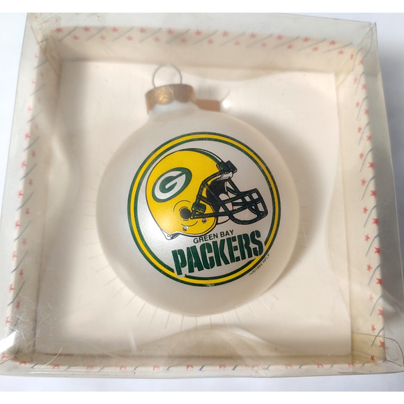 Green Bay Packers Christmas Ornament NFL Football White Glass Original Box - Picture 2 of 8